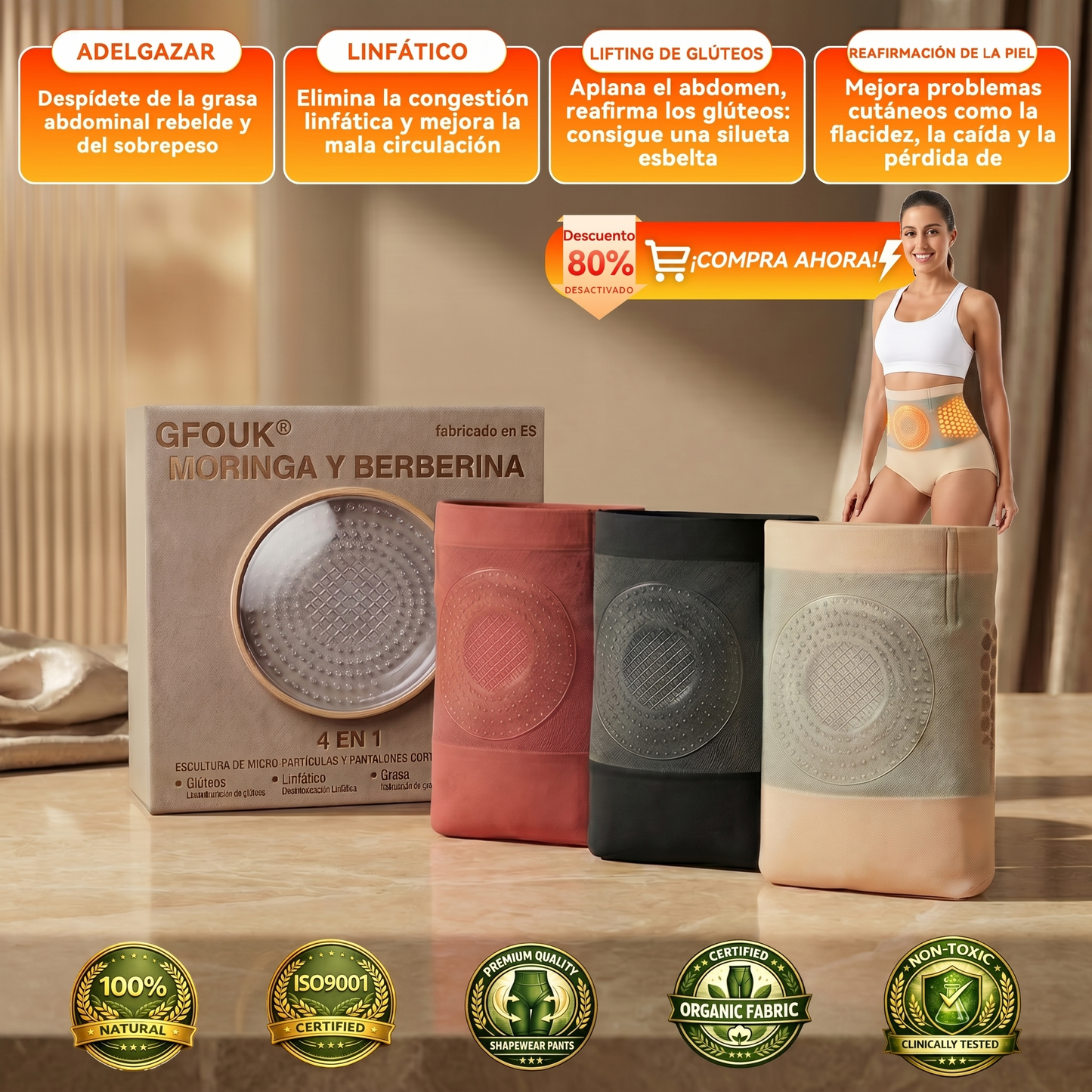 🙆‍♀️🙆‍♀️ GFOUK® 2026 Versión Mejorada Plus | 🥰 Shorts Quemagrasas 4 en 1 con Moringa, Berberina y Micro-Partículas Esculpidoras